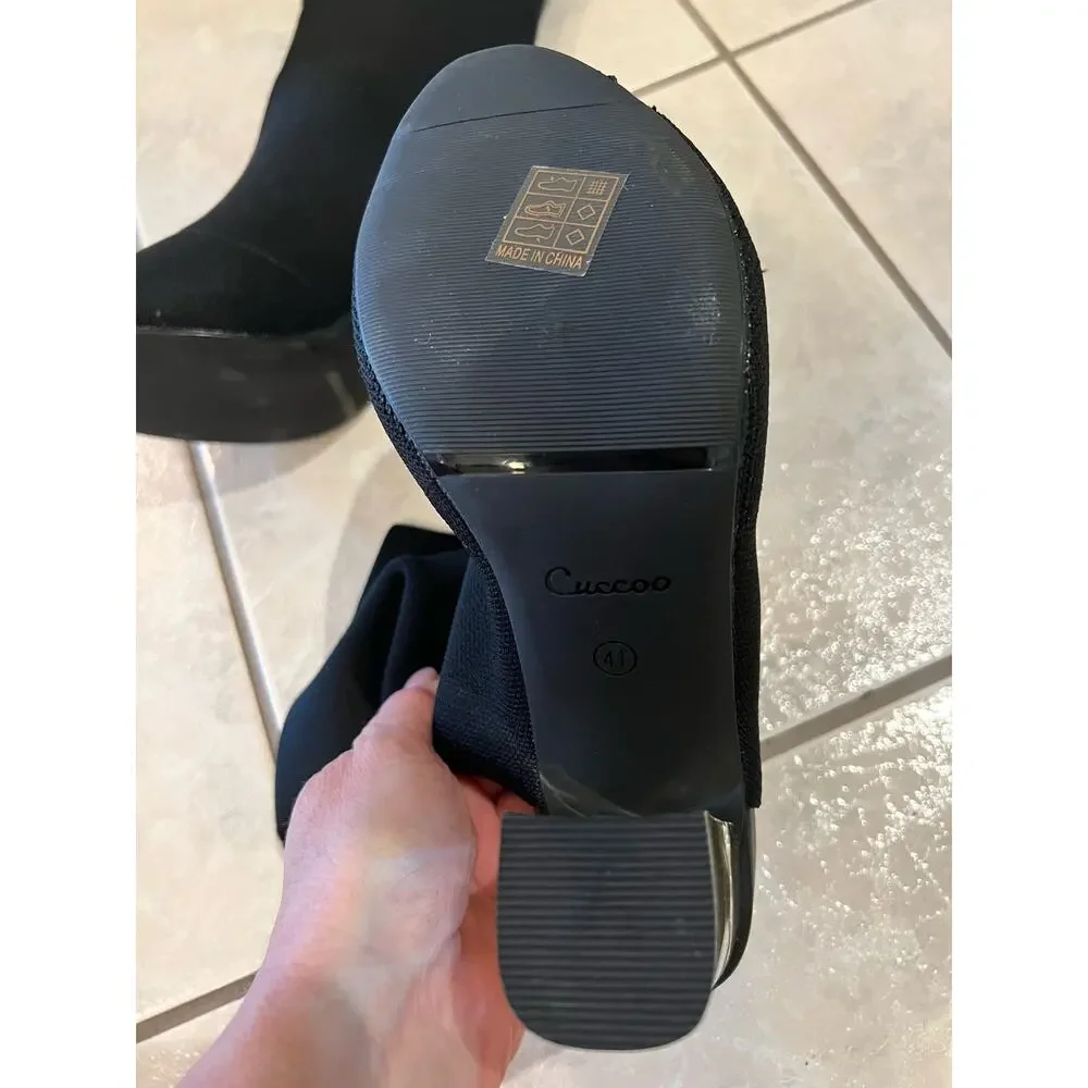 Cuccoo Chunky Gold Heeled Open Toe Black Size 41 (8) Sandal Slip on Boots - Picture 5 of 7